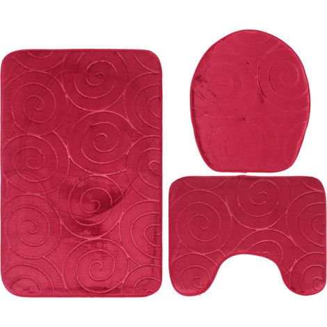 Ensemble de tapis de salle de bain en pierre gaufrée, housse d'abattant de toilette, tapis latéral de bain absorbant, rouge (1/5)