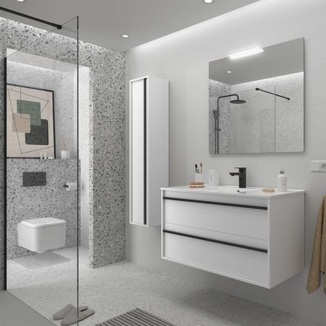 Meuble + lavabo ATTILA 1000 2 tiroirs BLANC SATINé (1/2)
