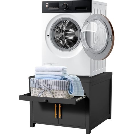 YODOLLA Laundry Pedestal, Washing Machine Stand Base with Drawer and Pull-out Shelf, 320 KG Capacity, Black (1/5)