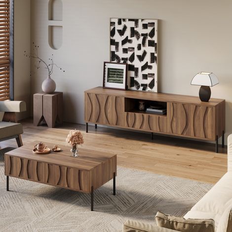 Ensemble table basse et meuble TV combinés - 3 portes et 2 tiroirs - Aspect bois - Texture ondulée - MDF - Naturel