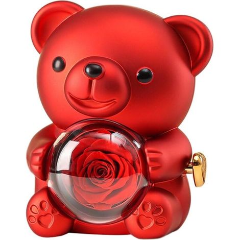 Ours en peluche romantique contenant des roses préservées, un coffret à bijoux caché et un collier en forme de cœur - un cadeau unique (Rouge)