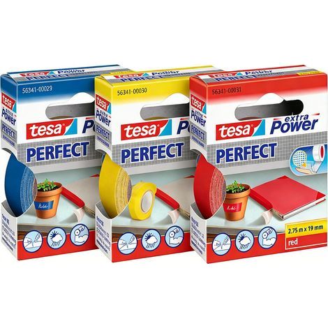 Extra Power Perfect - Ruban Adhésif Toilé - Ruban de Réparation pour Artisanat, Fixation, Renforcement et Étiquetage - Bleu, jaune,Rouge - 2,75 m x 19 mm (1/2)