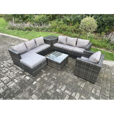 Fimous Mobilier de jardin extérieur en rotin avec Fauteuil Tables d'appoint Table basse carrée grand tabouret Tables d'appoint 8 places Mélange gris foncé (1/5)