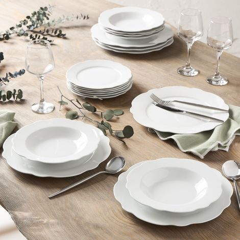 Service de Table 18 Pièces en Porcelaine Collection Vienne Assiettes Plates Ø27 cm, Creuses Ø22 cm, Dessert Ø19,2 cm Forme Festonnée Élégante Pour 6 Personnes