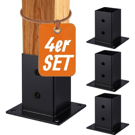 Relaxdays Pfostenträger 4er Set, verzinkt, Pfostenfuß zum Verschrauben, Holzschutz 7 x 7 cm, Stützenfuß Stahl, schwarz
