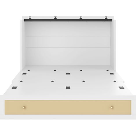 Lit armoire, 140 x 200, lit armoire mobile avec tiroirs au pied du lit et étagère à la tête du lit, avec USB et prise, lit plateforme convertible, sans matelas, blanc (1/5)