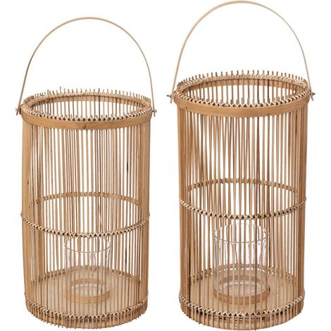 Lot de 2 Lanternes Photophore en Bambou Bougeoirs en Verre - Atmosphera (1/3)