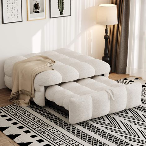 Lit pouf 2-en-1, banquette convertible en lit d'appoint, canapé-lit, revêtement bouclé beige (1/5)