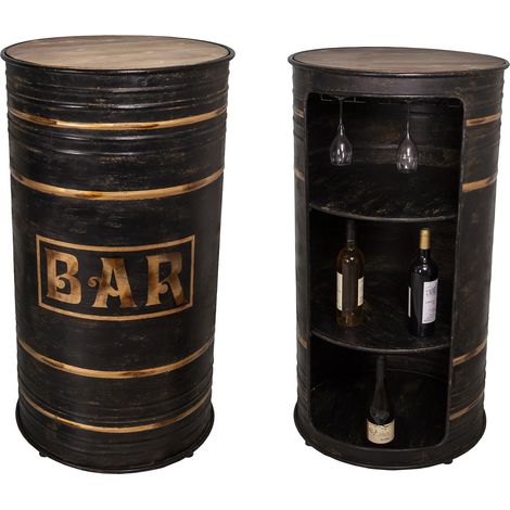 M&S – Bar tonneau rond 60x60x110 cm en fer noir – Plateau arrondi pour verres de cocktail – Rangement discret en 3 sections – Meuble bar décoratif