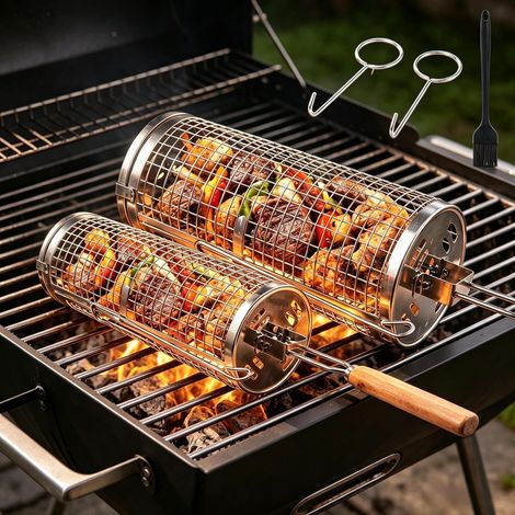 Panier à Barbecue Roulant,2 Paniers à Barbecue Emboîtables Poignée en Bois Détachable Double Accès Acier Inoxydable 304 avec Brosse à Huile Accessoire Cuisson Extérieur Camping (1/5)