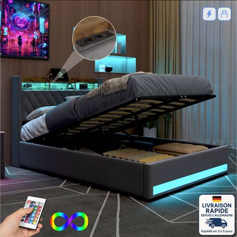 Cama 140x190 con base y canapé, cama 140x190 con canapé, cama adulto 140x190, cama tapizada, cama doble, LED regulable y carga USB, lino, gris oscuro (1/5)