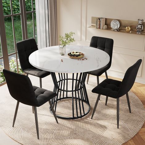 Ensemble table à manger ronde 5 pièces 100 cm diamètre pieds métal noir plateau MDF blanc,chaises en velours noir. (1/5)