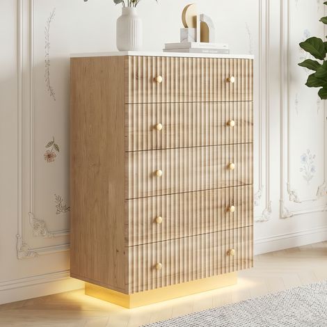 Commode Bois avec 5 tiroirs, Meuble de rangement avec éclairage LED intelligent – Aspect bois, Grande capacité – Dispositif anti-trébuchement – Natural