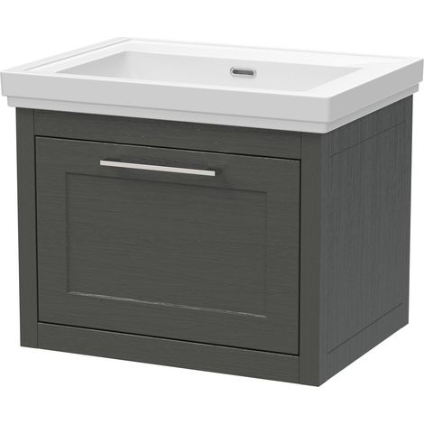 Blithbury Traditional Bathroom Wall Hung 1 Drawer Vanity Unit and 0 Tap Hole Fireclay Basin, 600mm, Woodgrain Dark Grey
