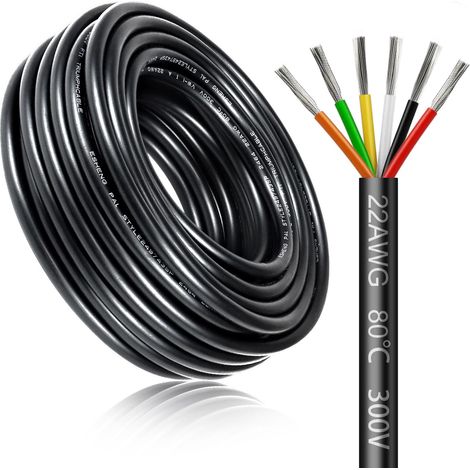 Câble électrique 10 mètres 22 AWG 6x0,3mm² à 6 conducteurs, fil de cuivre étamé flexible, impédance faible, compatible alimentation LED 5V / 12V / 24V, résistance aux hautes températures (1/5)