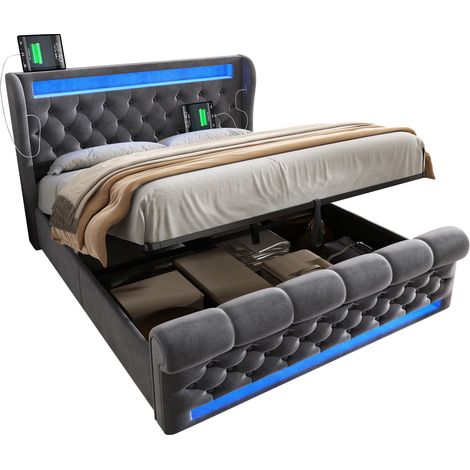 CHICFURN Lit rembourré double 140x190 cm avec LED, coffre hydraulique, tête de lit USB et USB-C, velours gris, rangement sous le sommier intégré, sans matelas (1/5)