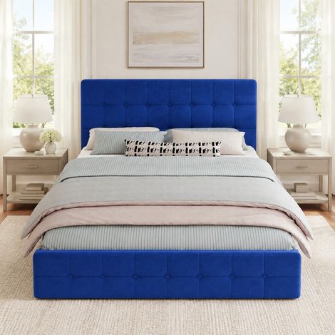Cama 160x200 cm azul marino de terciopelo con cabecero capitoné (1/5)