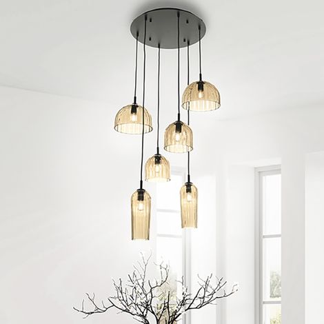 Lampadario a sospensione PUCK D60 cm in vetro soffiato rigato AMBRA (1/2)