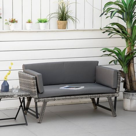 Canapé de jardin 2 places Outsunny en polyrotin, pliable, avec accoudoirs et structure en acier, gris. Dimensions : 129 × 63 × 67 cm. (1/5)