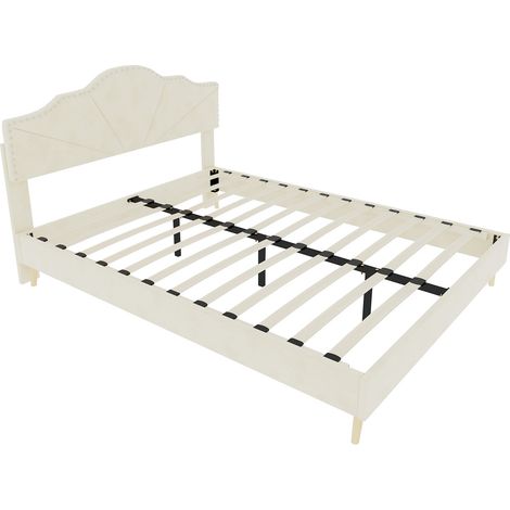 Cama canapé baja tapizada beige 160 x 200 cm con somier de láminas HOMVRA (1/5)