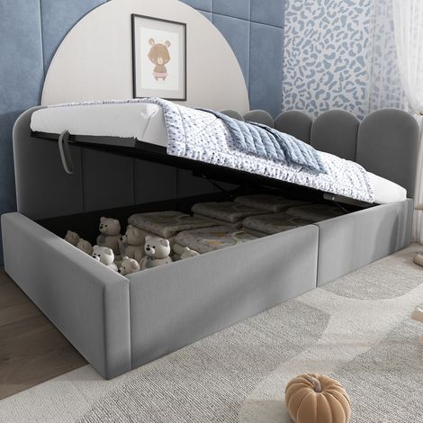 MODFU – Letto a panca per bambini 90x190 cm in velluto con contenitore idraulico, rete in metallo, lati intercambiabili e film EVA – Grigio (1/5)