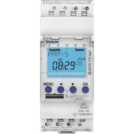 Theben – Horloge astronomique modulaire 1 canal – Programmation hebdomadaire – Commutation astronomique – Protection des contacts – Pour tableaux électriques (1/8)