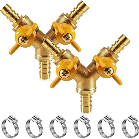 Lot de 2 raccords de tuyau 3 voies 10 mm – Robinet à boisseau sphérique 3 voies en laiton avec 6 colliers de serrage – Distributeur en Y – Valve à trois voies pour eau, air, gaz, compatible (1/5)
