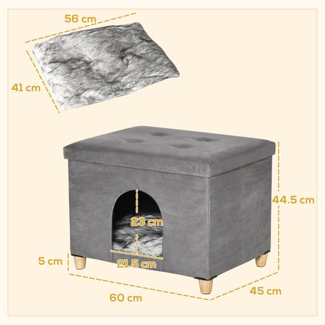 Pouf repose-pieds en forme de maison pour chat (avec coussin amovible et lavable), gris (1/5)