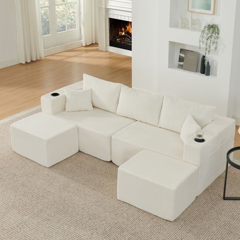 Canapé d’angle modulable 3 places avec rangement, canapé en L avec méridienne et assise mousse Beige (1/5)