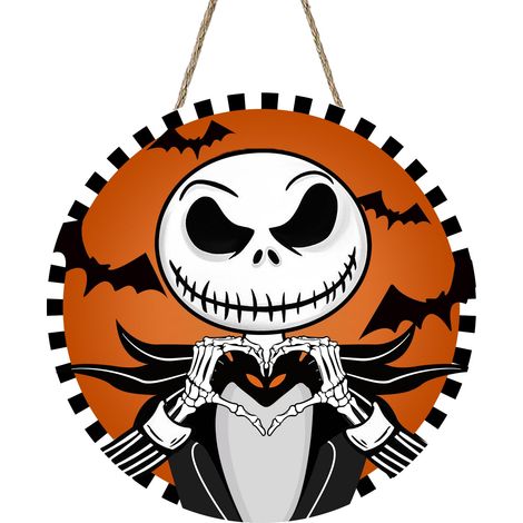 Décoration murale en bois de 30 x 30 cm « Chauve-souris et Jack Skellington » pour Halloween, idéale pour la maison et les fêtes. Décoration festive pour Halloween.