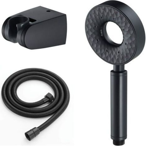 Hochdruck-Duschkopf mit 3 Funktionen, Anti-Kalk-Funktion, wassersparend, inklusive 1,5 m langem Brauseschlauch und Halterung, ABS, rund, schwarz (1/5)