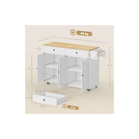 Îlot de cuisine roulant, 2 tiroirs, 2 placards, mobile, étagère à épices, porte-serviette, porte-couteaux, MDF, blanc (1/5)