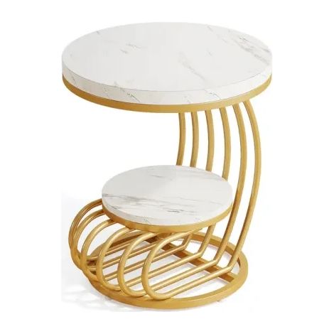 Table d'appoint ronde effet marbre blanc et métal doré, 2 niveaux, compacte, pour salon ou chambre, style chic et gain de place - CHICFURN