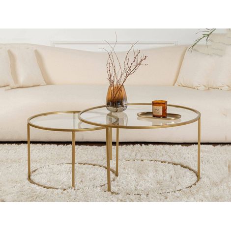 Dmora - Juego de 2 mesas de centro Aedion, Mesa de centro baja, Revistero para sofá, Estante de la sala de estar, 80x80 h43 cm, Oro y Transparente (1/5)