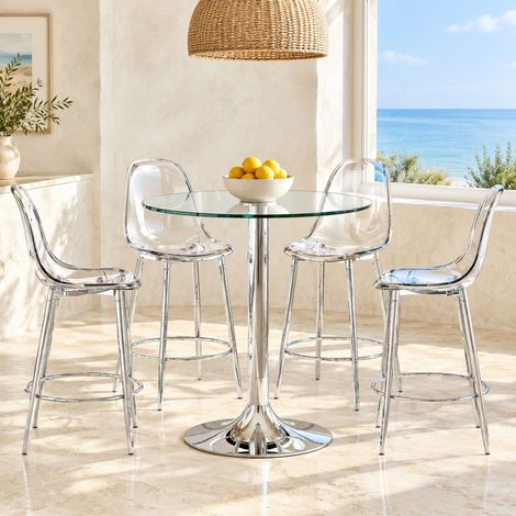 Bar-Set mit rundem Glastisch 89 cm und 4 transparenten Hockern OKWISH (1/5)