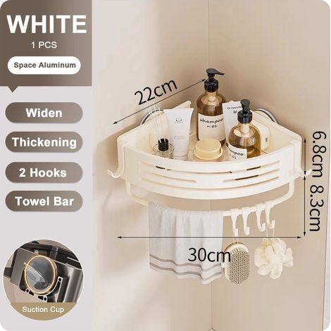 Étagère de salle de bain d'angle de douche avec crochets porte-serviettes, fixation murale à ventouses, gris, en aluminium. (1 pièce, blanc professionnel) (1/5)