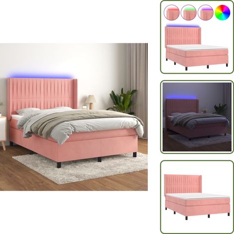 Sommier à lattes de lit matelas et LED Rose 140x190 cm Velours - Lit Plateforme - Lit Capitonné - Lit Velours - Lit Avec Rangement - Tête De Lit Ajustable (1/5)