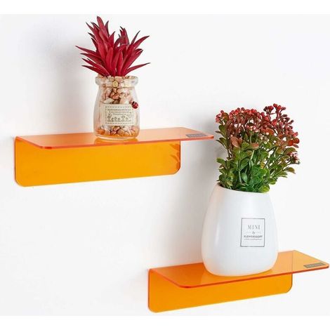 2er-Set Wandregale ohne Bohren, erweitert mühelos den Wandraum – Kleine selbstklebende Acryl-Wandregale für Schlafzimmer, Badezimmer, Küche, mit Kabelclips (Orange) (1/4)