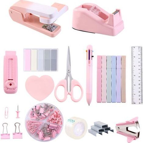 Ensemble d'accessoires de bureau - Lot de 14 - Rose - Agrafeuse, dérouleur de ruban adhésif et ciseaux (1/5)