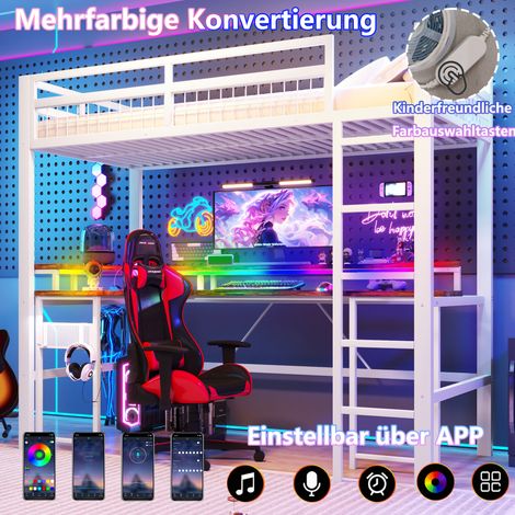 Lit mezzanine 90x200 cm, structure métallique, LED multicolore, bureau, USB Type-C, 2 prises, panneau perforé, blanc, sans matelas, gain de place (1/5)