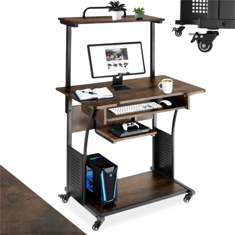 Bureau Style industriel 3 niveaux tablette et tiroir bois foncé (1/5)