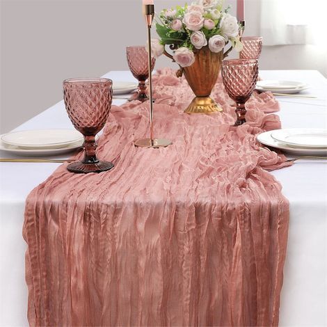 Chemin de Table en Gaze , 90 x 400cm Gaze Translucide Rustique, Chemin de Table Boho, Nappe en Mousseline de Soie Bleu pour Mariage Douche, Rose-Chrom (1/5)