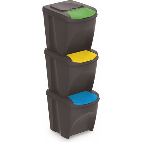 Sortibox Mülleimer mit Deckel 3er Set - 25 L / anthrazit - Müll Trennsystem Abfall Trenner stapelbar