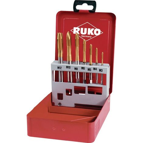 Set di maschi a macchina DIN 371/376 B M3-M12 7 pezzi Cassetta metallica TiN HSS RUKO