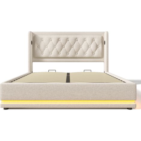 Cama matrimonial abatible 180x200 cm de algodón beige con USB-C y LED 3 lados MODENUIT (1/5)