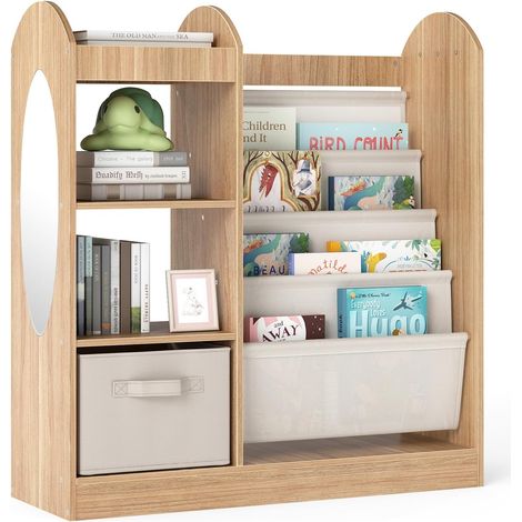 COSTWAY Libreria per Bambini con Specchio, Scaffale Giocattoli con 4 Ripiani a Rete e Cassetto in Tessuto, Libreria Montessori a 4 Livelli per Bambini per Cameretta e Sala Giochi (Naturale) (1/5)