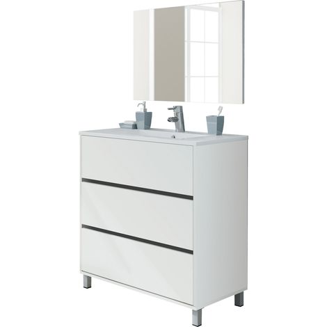 Meuble de salle de bain avec 3 portes coloris blanc - Hauteur 88 x Longueur 81 x Profondeur 47 cm - PEGANE - (1/4)