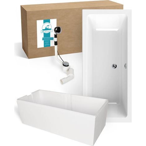 Calmwaters® Badewanne Komplettset 170x75 cm Modern Select, Acryl-Badewanne mit Wannenträger und Excenter-Ablaufgarnitur, Körperformbadewanne für Zwei, Rechteckbadewanne 170 x 75, Weiß, 99000157