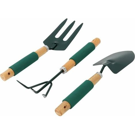 Ensemble de 3 petits outils de jardin robustes : 1 pelle à main, 1 truelle, 1 râteau à griffes, 1 fourche à plantes avec manche en bois, kit d'outils ergonomiques en métal pour bonsaï.