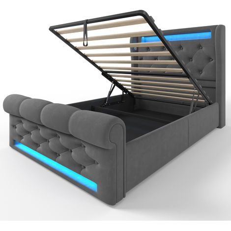 Letto contenitore imbottito 90x200 cm in velluto grigio con LED, USB e USB-C, senza materasso (1/5)